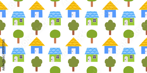 Seamless house pattern with colorful tiny homes, green trees, and nature elements. Vector village landscape for kids nursery, sustainable architecture, fabric prints, and wallpaper