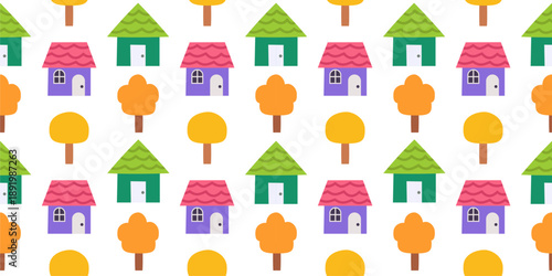 Seamless pattern with cute colorful houses and autumn trees for kids room wallpaper, nursery textile, gift wrapping paper, village neighborhood background, flat vector architecture design
