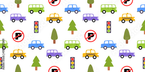 Seamless city transport pattern with cute colorful cars, taxis, buses, traffic lights, trees, and no parking signs. Vector illustration for kids fabric, wallpaper, and urban nursery design