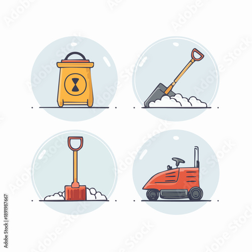 Four distinct snow globes containing a hourglass, shovel, snow shovel, and snow blower viewed from directly above in a grid layout
