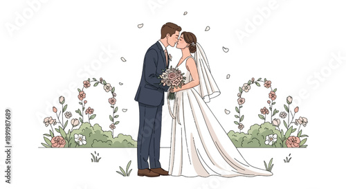 Romantic Wedding Couple Kissing in Floral Garden with Elegant Atmosphere on White Background