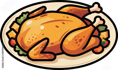 Roasted whole chicken on a plate with vegetables, golden brown poultry dinner illustration, festive thanksgiving turkey, cooked meat food icon.