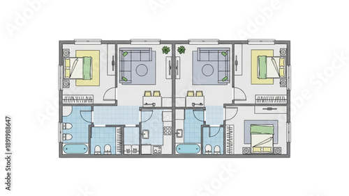 Modern Apartment Floor Plan with Two Units and Multiple Bedrooms and Bathrooms