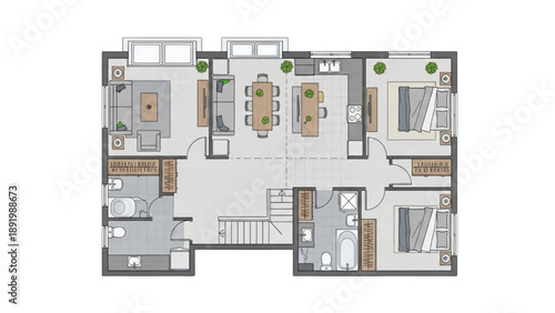 Modern Two-Story House Floor Plan with Living, Dining, Kitchen, and Bedrooms