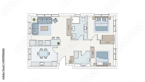 Modern two bedroom apartment floor plan with open living space and dining area