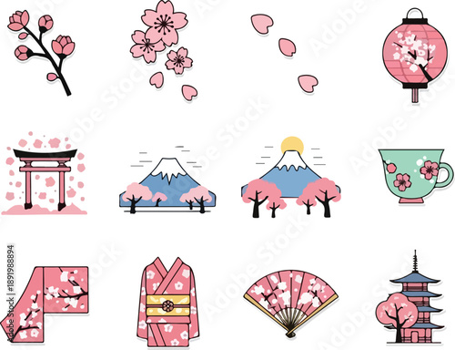 Traditional Japanese Culture Illustrated with Cherry Blossoms and Iconic Landmarks from a Cultural Perspective
