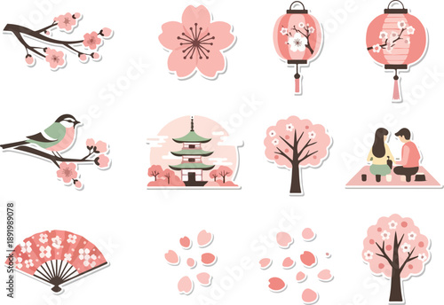 Illustrations of people enjoying serene landscapes and traditional scenes under cherry blossoms