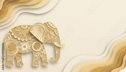 An intricately designed golden elephant with artistic patterns, symbolizing strength and wisdom, with layered abstract paper art. A harmonious blend of tradition and modernity.