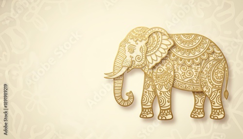 An intricately designed elephant illustration on an elegant background. The golden elephant showcases detailed patterns