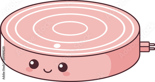 Cute round electronic device character with smiling face and pink color, kawaii technology gadget illustration for smart home and tech products