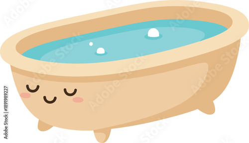 Cute smiling bathtub character filled with blue water and bubbles, kawaii bathroom interior element for kids hygiene and spa relaxation theme