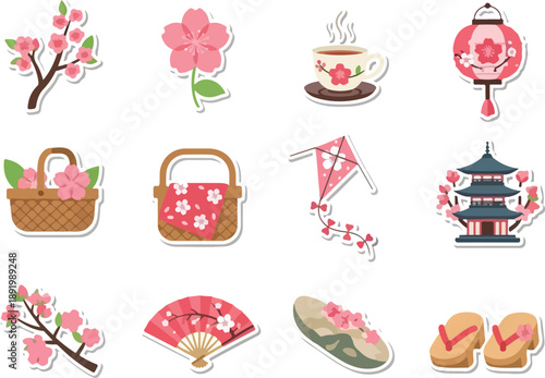 Collection of traditional Japanese cultural elements including cherry blossoms and symbolic items displayed together