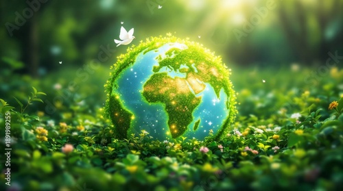 Lush green earth sphere representing environmental conservation nestled gently among vibrant springtime foliage and soft sunlight