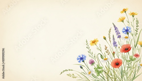 An artistic watercolor painting of a beautiful assortment of wildflowers on a warm background. The delicate blossoms add a touch of nature's beauty to any design. 