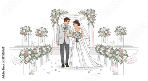 Elegant Bride and Groom Walking Down Wedding Aisle with Floral Decoration on White Background