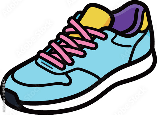 Modern Blue Sport Sneaker Shoe Illustration with Pink Laces and Yellow Tongue for Fitness Running Exercise and Active Lifestyle Fashion Design