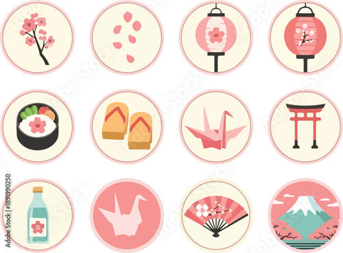 Collection of Japanese cultural icons in circular frames showcasing traditional elements and symbols from various viewpoints