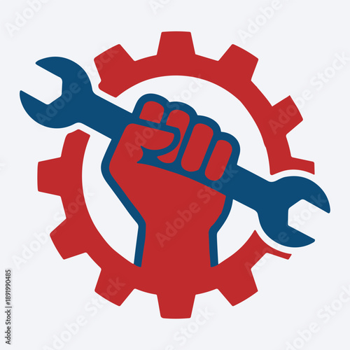 Strong clenched fist holding a wrench in front of a red gear, symbol of industry and power