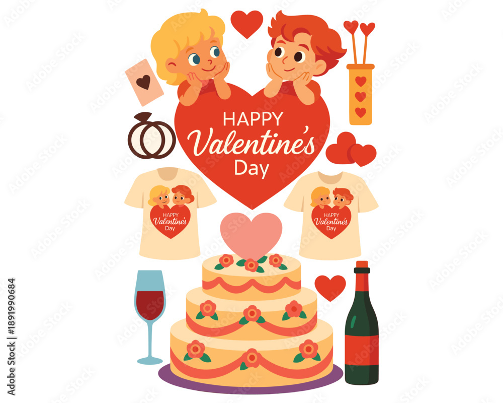 Fototapeta premium Vector illustration of a cartoon wedding and birthday celebration icon set featuring a holiday gift cake and party decoration collection for fun winter event design