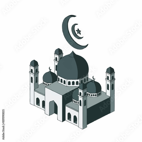 Islamic Mosque with Crescent Moon and Star Symbol.