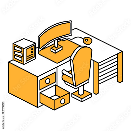 Modern flat isometric illustration of an open work desk with computer, office chair, drawers, and storage.