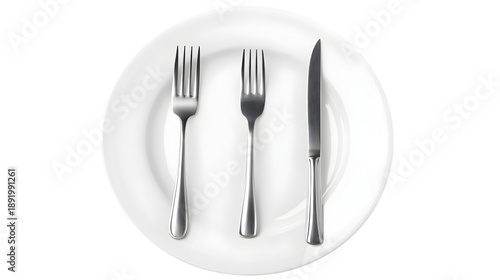 White ceramic plate with silver fork fork and knife isolated on white background for dining setup