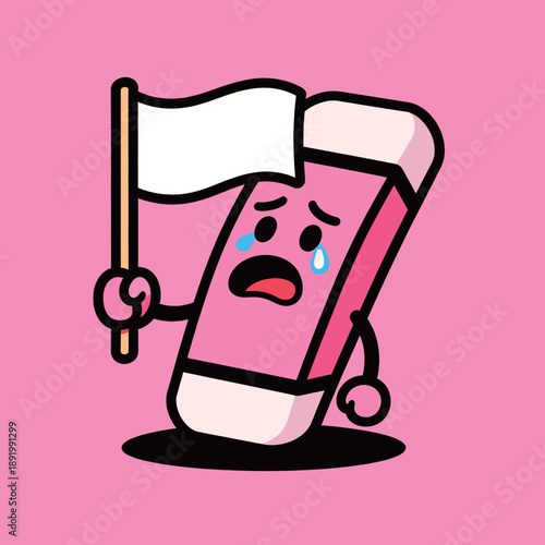Sad pink eraser character holding a white flag and crying, funny cartoon stationery surrendering concept vector illustration on pink background.