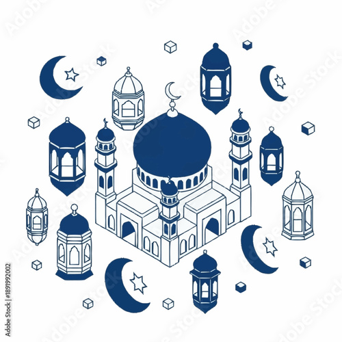 Islamic mosque and lanterns with crescent moon and stars.
