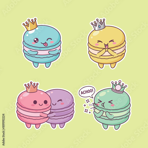Adorable macaron cookie character stickers with crowns including different flavors and expressions such as winking and hugging in pastel colors