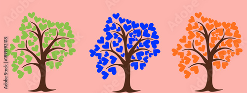 Three stylized trees with leaves shaped like hearts in green, blue, and orange colors on a soft pink background. Romantic conceptual illustration for Valentine day 
