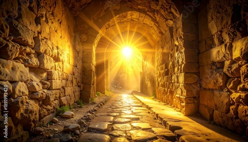 Ancient stone passageway illuminated by radiant light shining through arched doorway