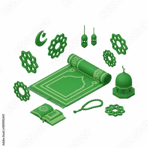 Islamic prayer rug and religious symbols illustration.
