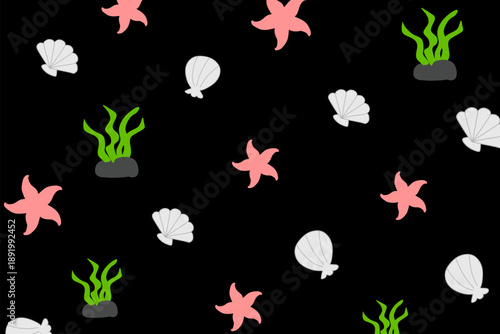 Seamless marine pattern with pink starfish, white seashells, and green seaweed on a black background. Simple flat vector illustration for fabric, wallpaper, and nautical decor.