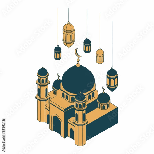 Islamic mosque with lanterns and crescent moon symbol.