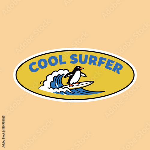Cool penguin surfer character riding a wave on surfboard in yellow oval badge, summer beach sport and aquatic activity illustration for graphics.