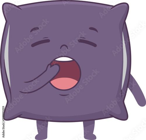 Tired purple pillow character yawning with open mouth, cute bedding mascot for sleep, rest, bedroom, and relaxation concepts on white background.