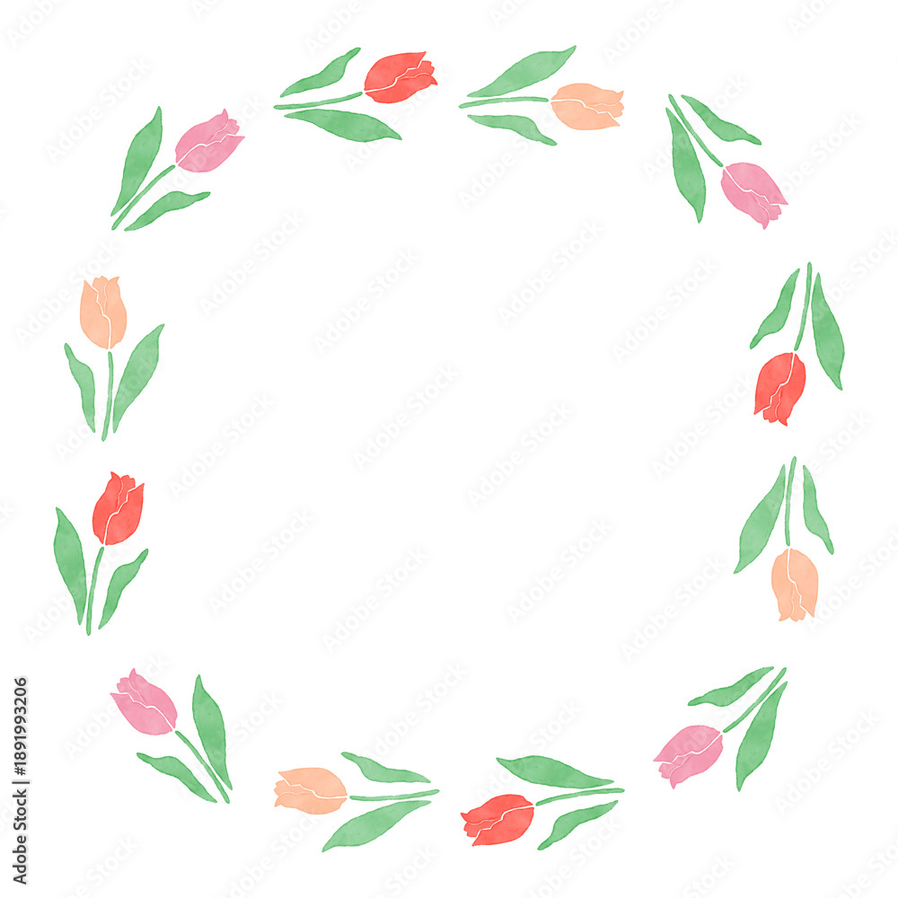 Fototapeta premium 春の手描き植物イラスト。水彩のピンク・オレンジ・赤のチューリップの曲線的なフレーム