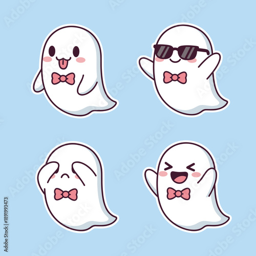 Set of cute ghost characters with bow ties featuring different expressions including cool sunglasses and shy faces for Halloween party sticker collection