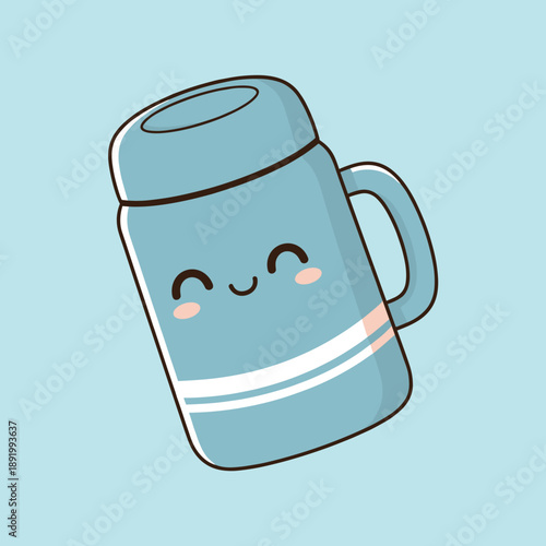 Cute blue water bottle cartoon character with smiling face and blushing cheeks, kawaii reusable flask mascot for hydration and eco friendly lifestyle