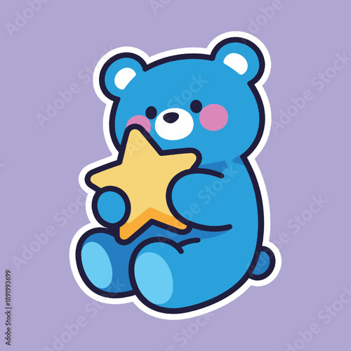 Adorable blue teddy bear cartoon character holding a yellow star, cute celestial animal mascot with pink cheeks for nursery and baby shower design
