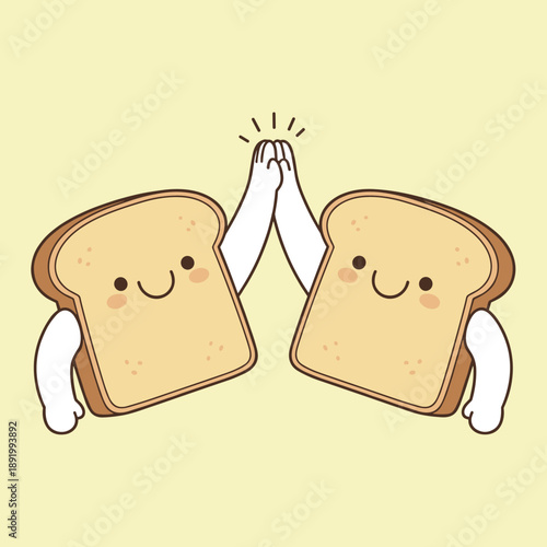 Two cute slices of toast giving a high five, happy bread cartoon characters mascot for friendship breakfast and bakery branding creative design
