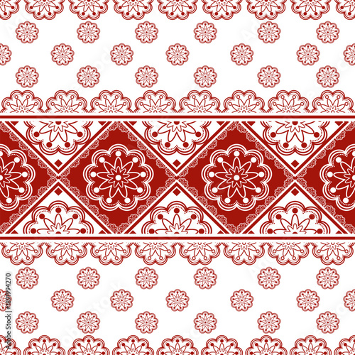 Red and White Traditional Floral Geometric Seamless Border