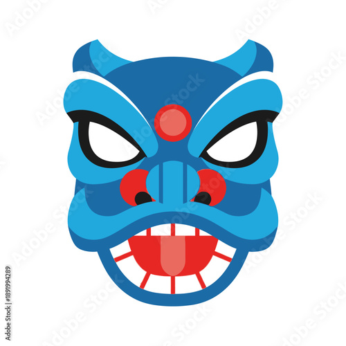 Fierce Blue Traditional Chinese New Year Lion Dance Head Vector Illustration for Holiday Celebrations