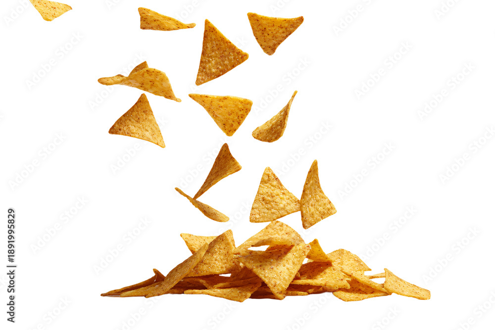 Fototapeta premium Falling Tortilla Chips on White Background