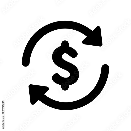 Quadro em tela A dollar sign surrounded by two circular arrows, representing money exchange, circulation, refunds, or recurring financial transactions