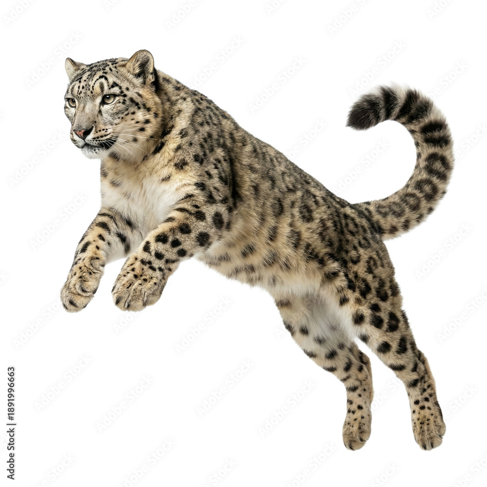 Fototapeta premium A snow leopard leaping against a transparent background.