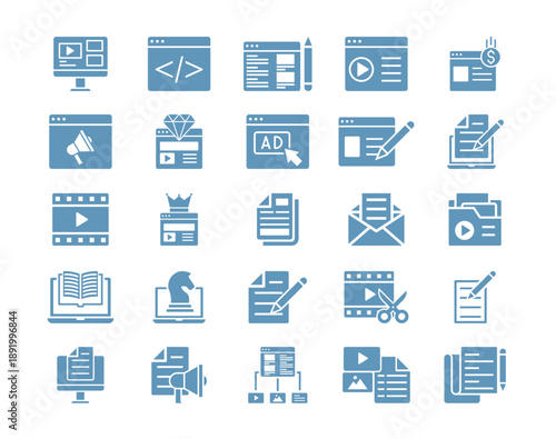 Set of 25 digital creation icons packs. Solid icon concept. Flat vector illustrations.