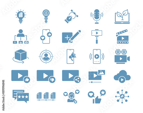 Set of 25 digital creation icons packs. Solid icon concept. Flat vector illustrations.
