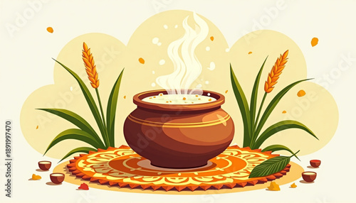 Pongal Harvest Festival Traditional Pot Flat Vector Illustration
