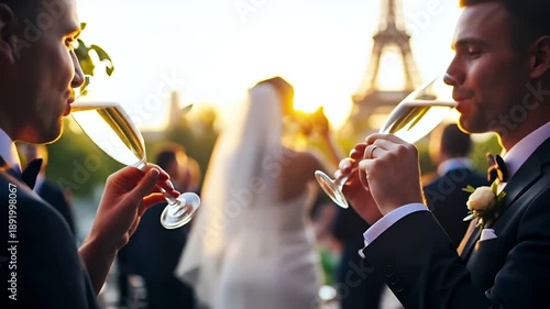 Paris, France, Europe. A closeup shot of two hands clinking champagne glasses against a sunset backdrop. The glasses are filled with a golden liquid, likely champagne, and the background is a warm.